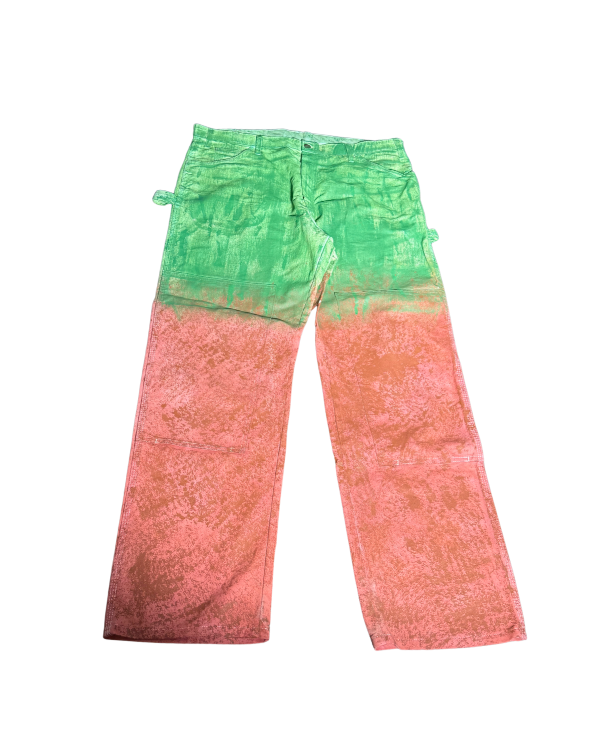 Ground Up Carpenter Pants hand-dyed green to coral ombré, front view