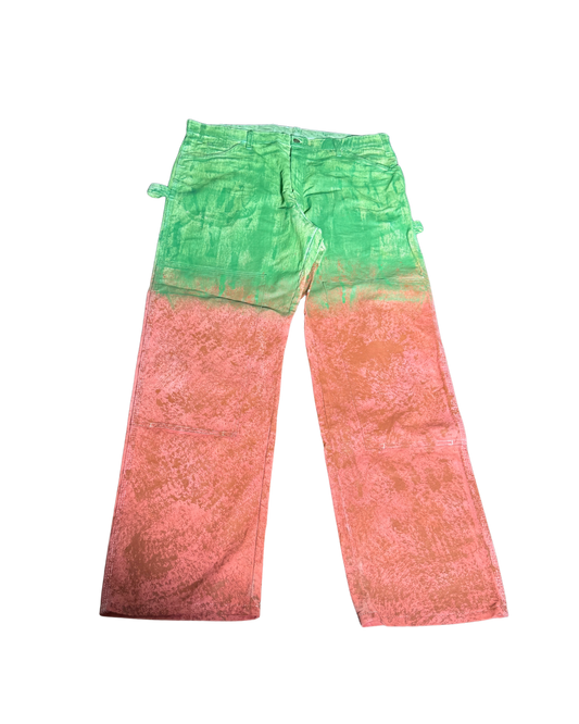 Ground Up Carpenter Pants hand-dyed green to coral ombré, front view